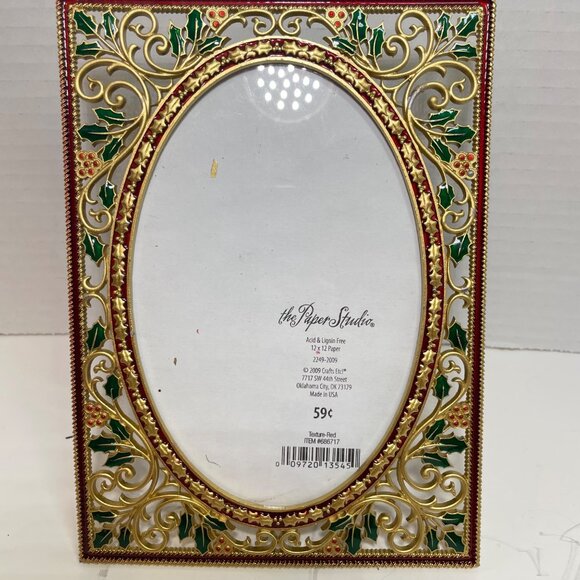 Vintage Gold & Red Holiday-Themed Oval Picture Frame With Holly Design - The Pap - Picture 2 of 13